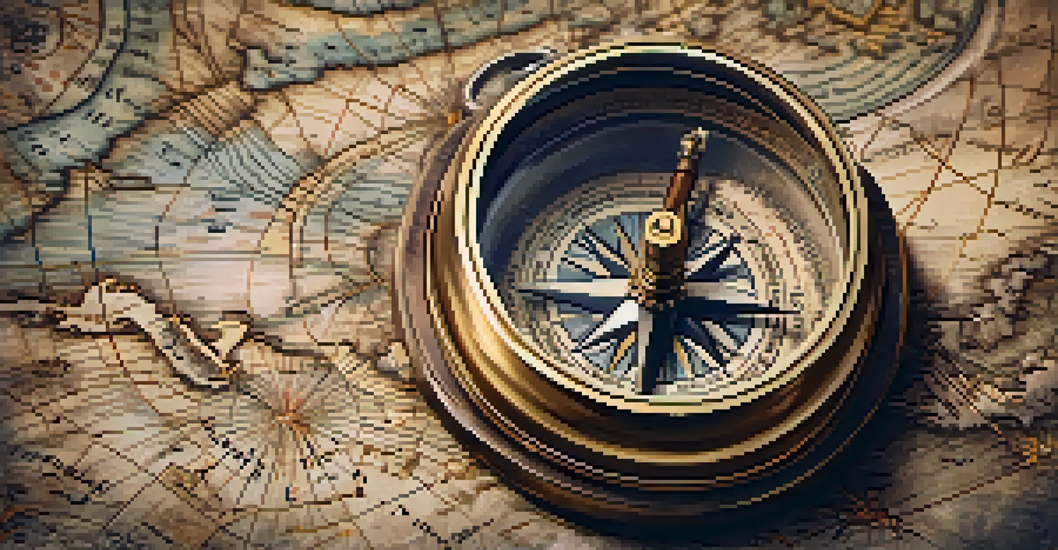 A vintage compass on an aged map with the needle pointing north, illuminated by soft light.