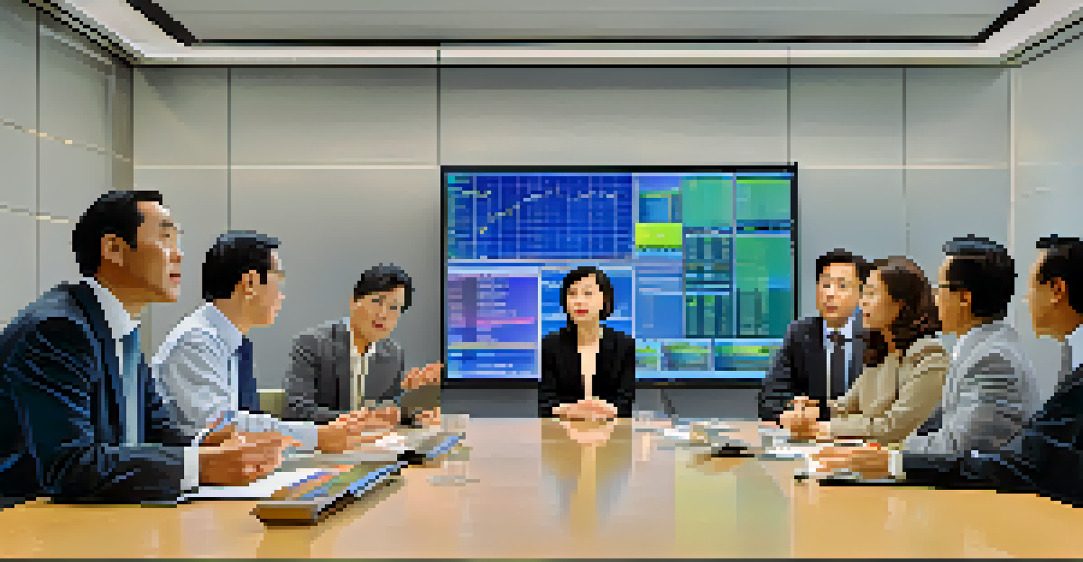 A group of investors and a fund manager discussing investment strategies in a bright conference room.