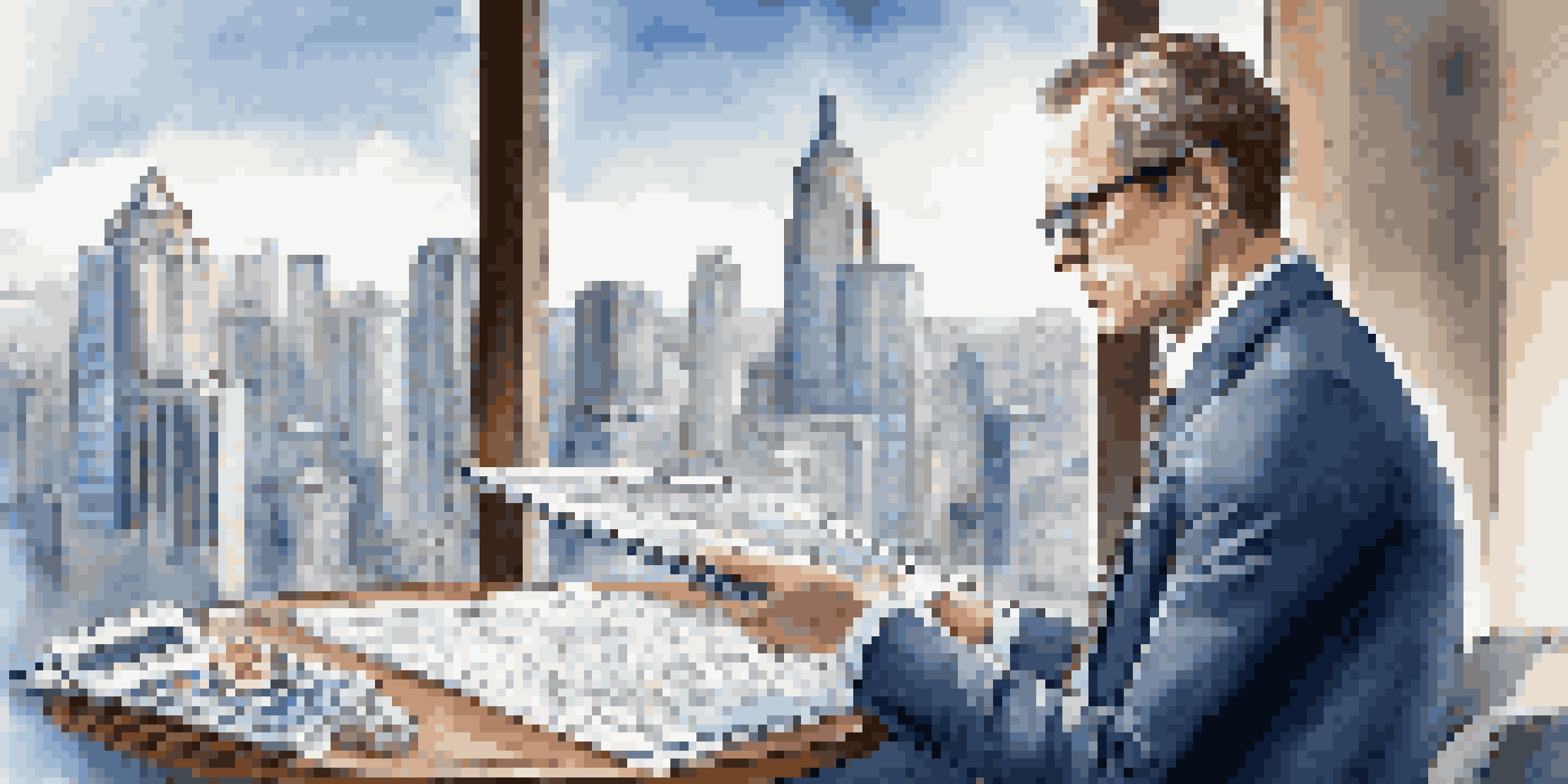 A hedge fund manager looking at performance attribution charts on a tablet in a well-lit office with a city skyline view.