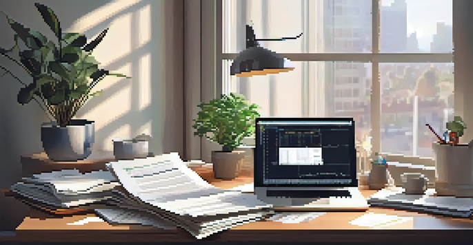 A wooden desk with financial documents and a laptop showing stock charts, illuminated by soft morning light.