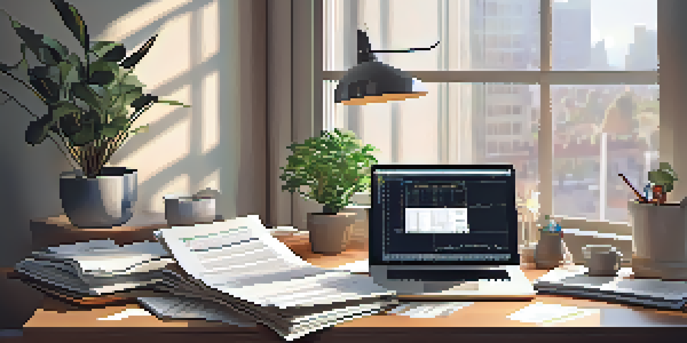 A wooden desk with financial documents and a laptop showing stock charts, illuminated by soft morning light.