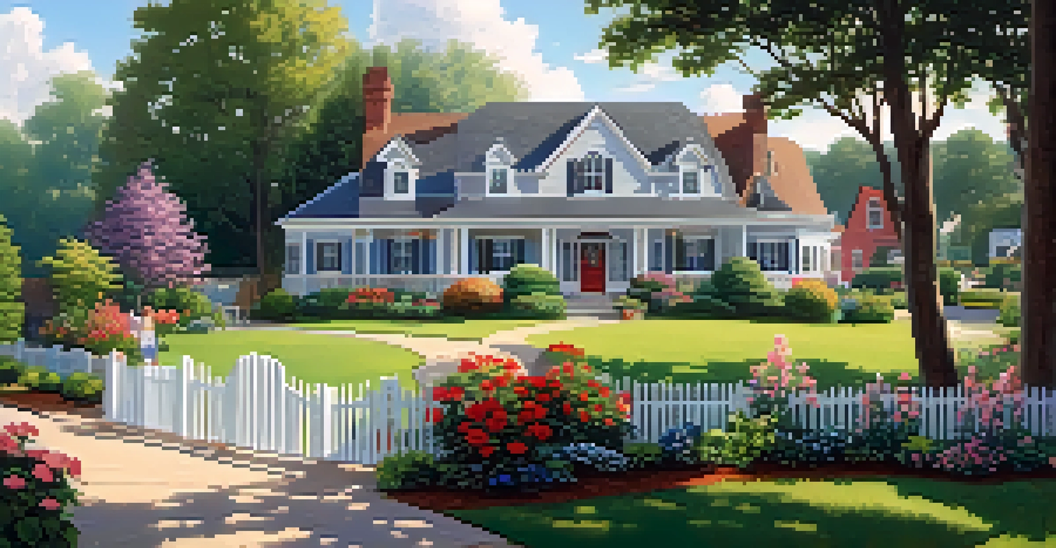 A tranquil suburban home with a garden, surrounded by trees and children playing in the yard under a clear blue sky.