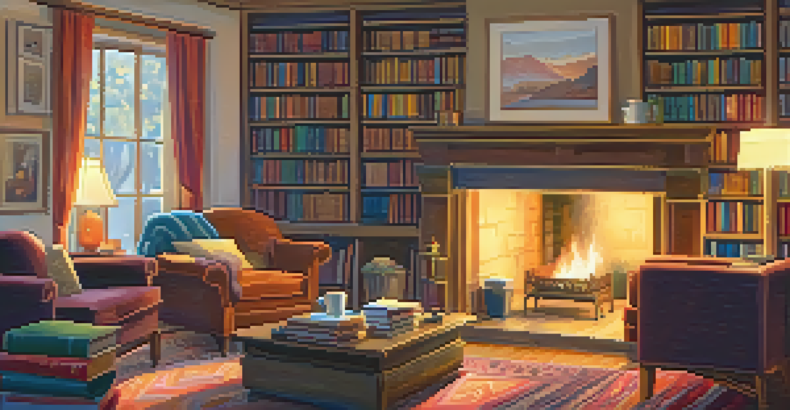 A warm and inviting living room featuring a sofa, coffee table, and fireplace, surrounded by bookshelves, illuminated by a soft glow.