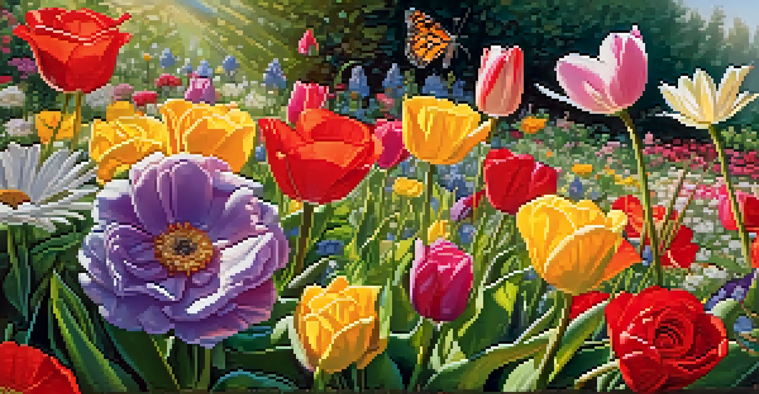 A close-up of a colorful flower garden with dew drops and a butterfly.