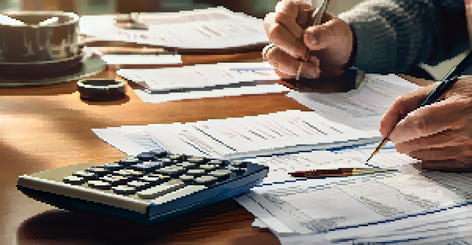 Close-up of hands using a calculator with financial documents, symbolizing retirement planning.