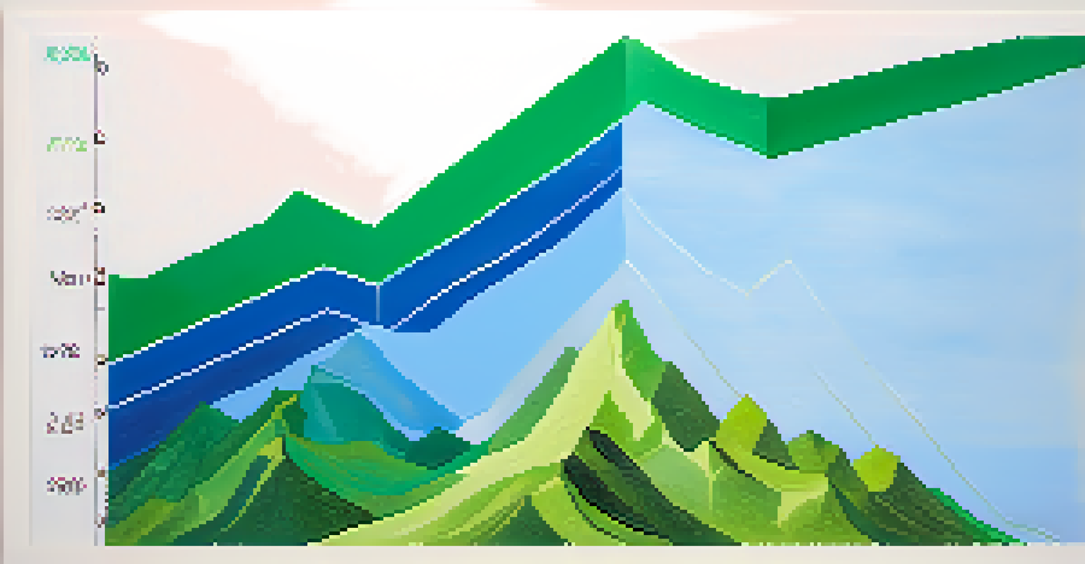An abstract graphic illustrating market cycles with a dynamic graph showing expansion, peak, contraction, and trough phases against a blue and green textured background.