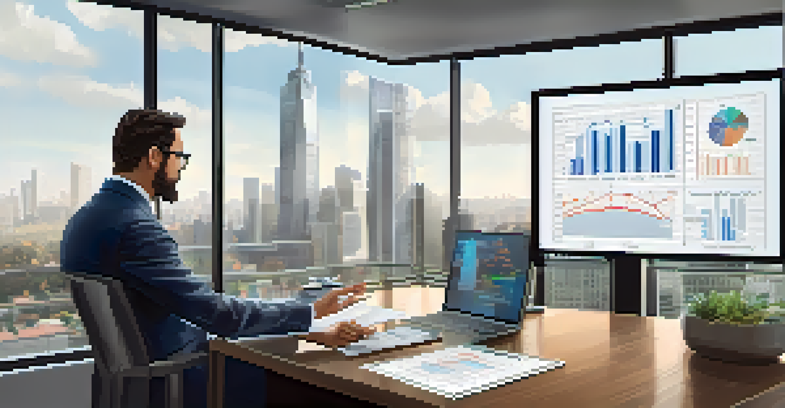 A financial advisor and a client discussing risk tolerance in a modern office with charts and a city skyline view.
