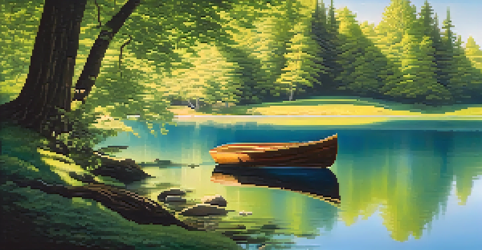 A peaceful lake scene surrounded by green mountains and a bright blue sky, with a small boat on the water.