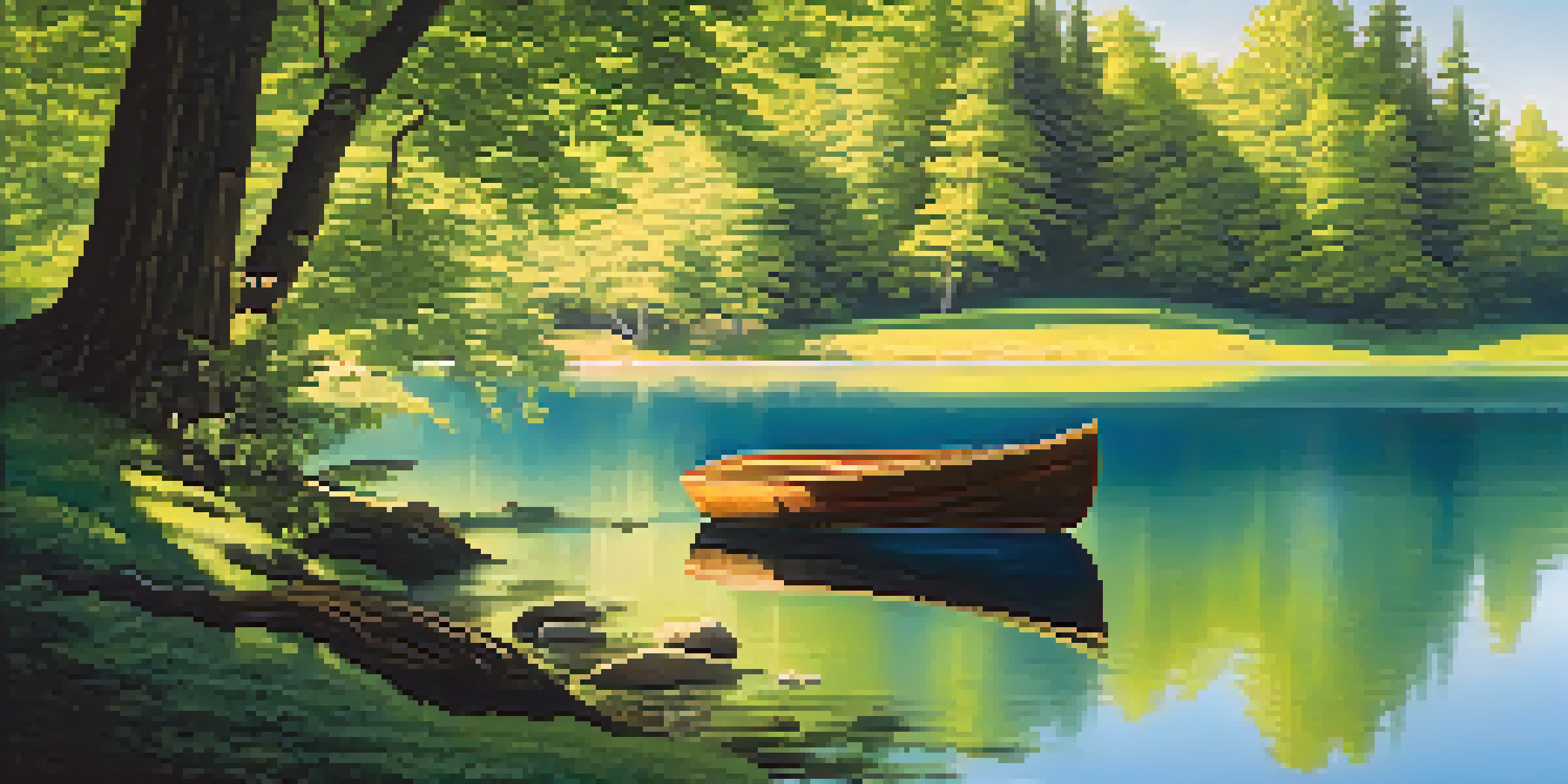 A peaceful lake scene surrounded by green mountains and a bright blue sky, with a small boat on the water.