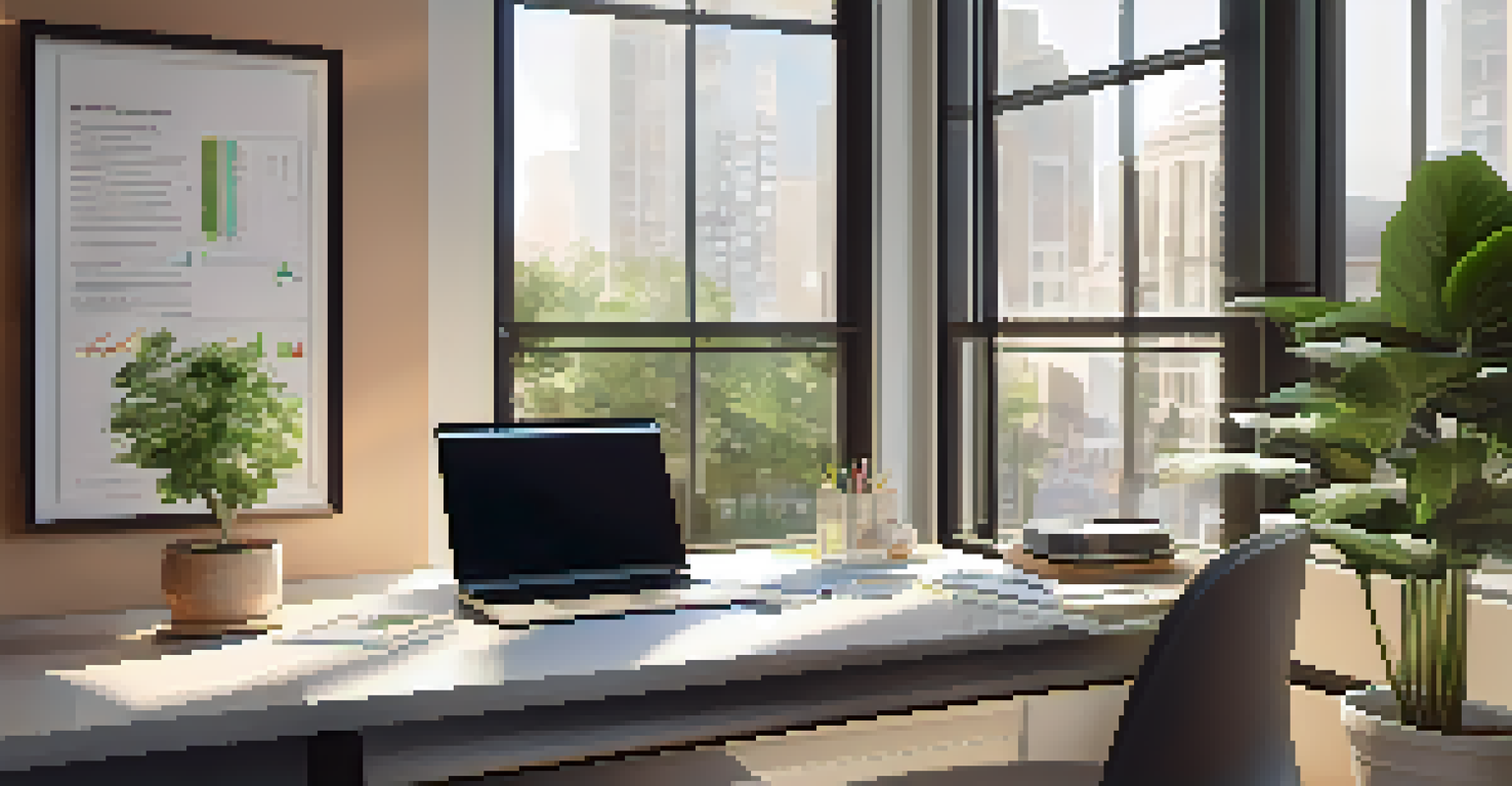A modern workspace featuring a desk with a laptop, financial graphs, and indoor plants.