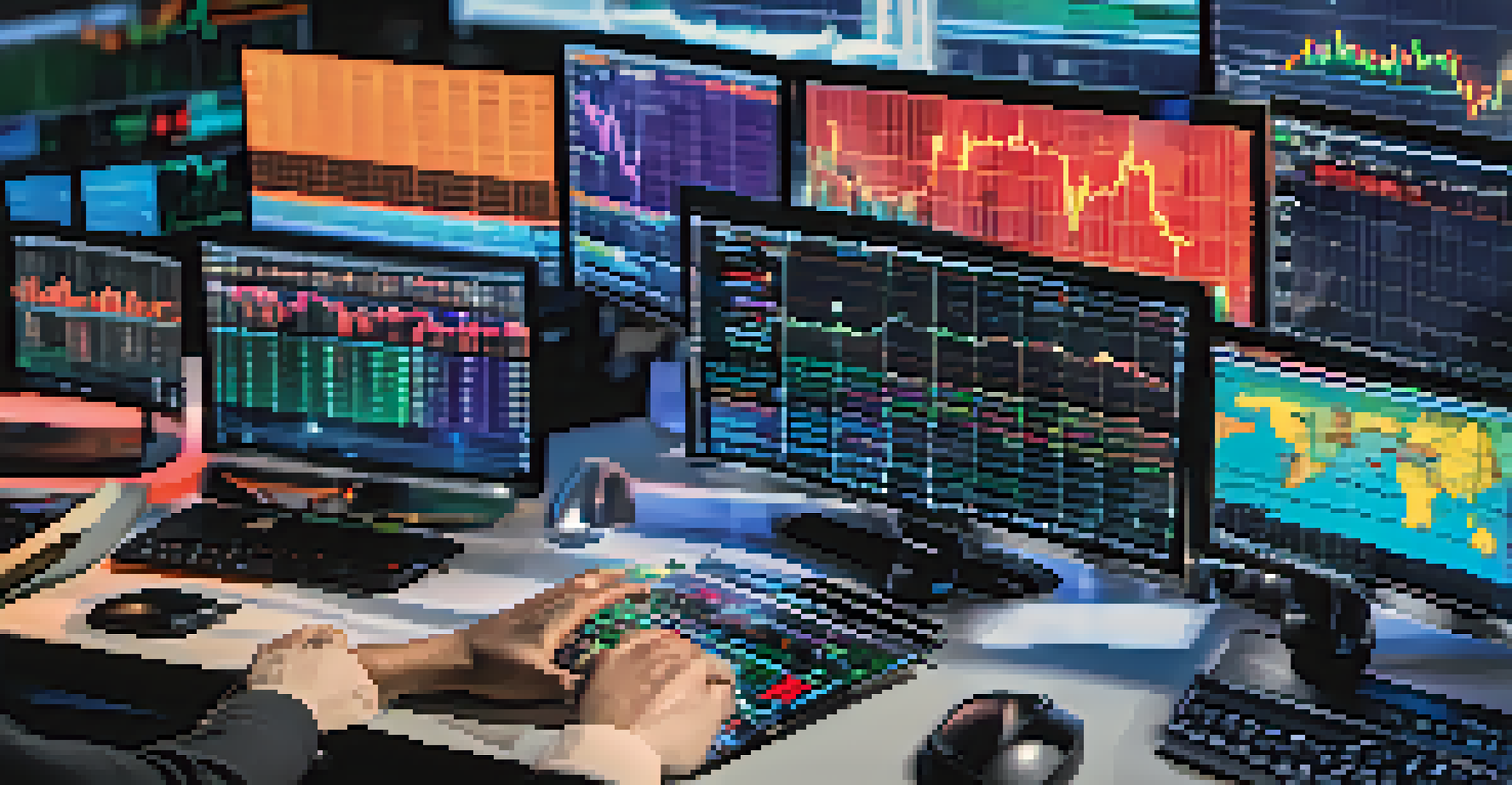A trader's hand on a mouse with stock market charts on multiple screens.