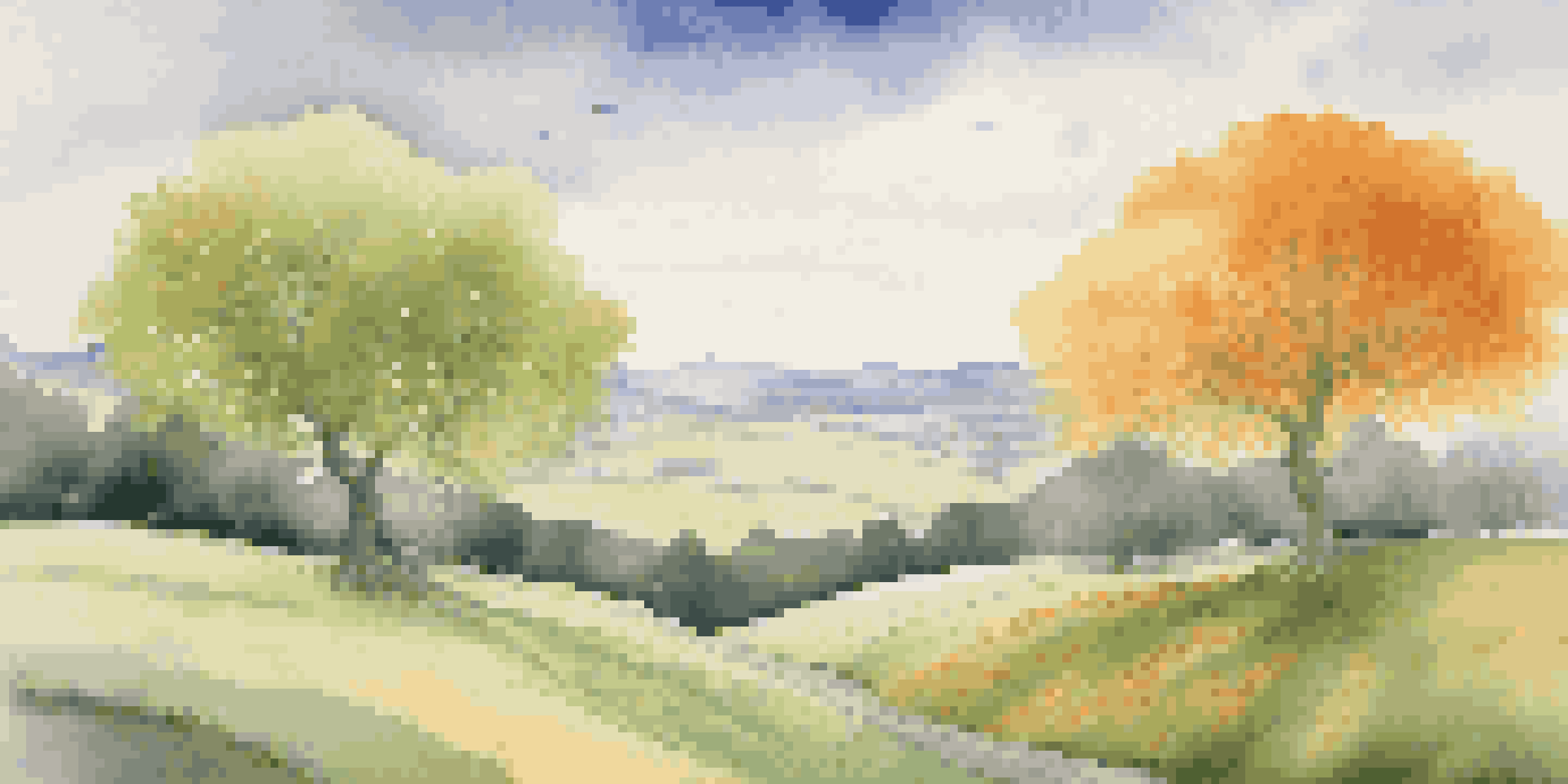 A landscape illustrating the four phases of market cycles as seasons: spring, summer, autumn, and winter, with a gradient sky.