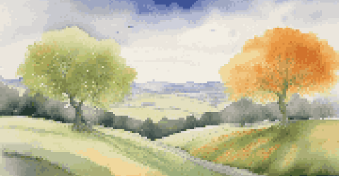 A landscape illustrating the four phases of market cycles as seasons: spring, summer, autumn, and winter, with a gradient sky.