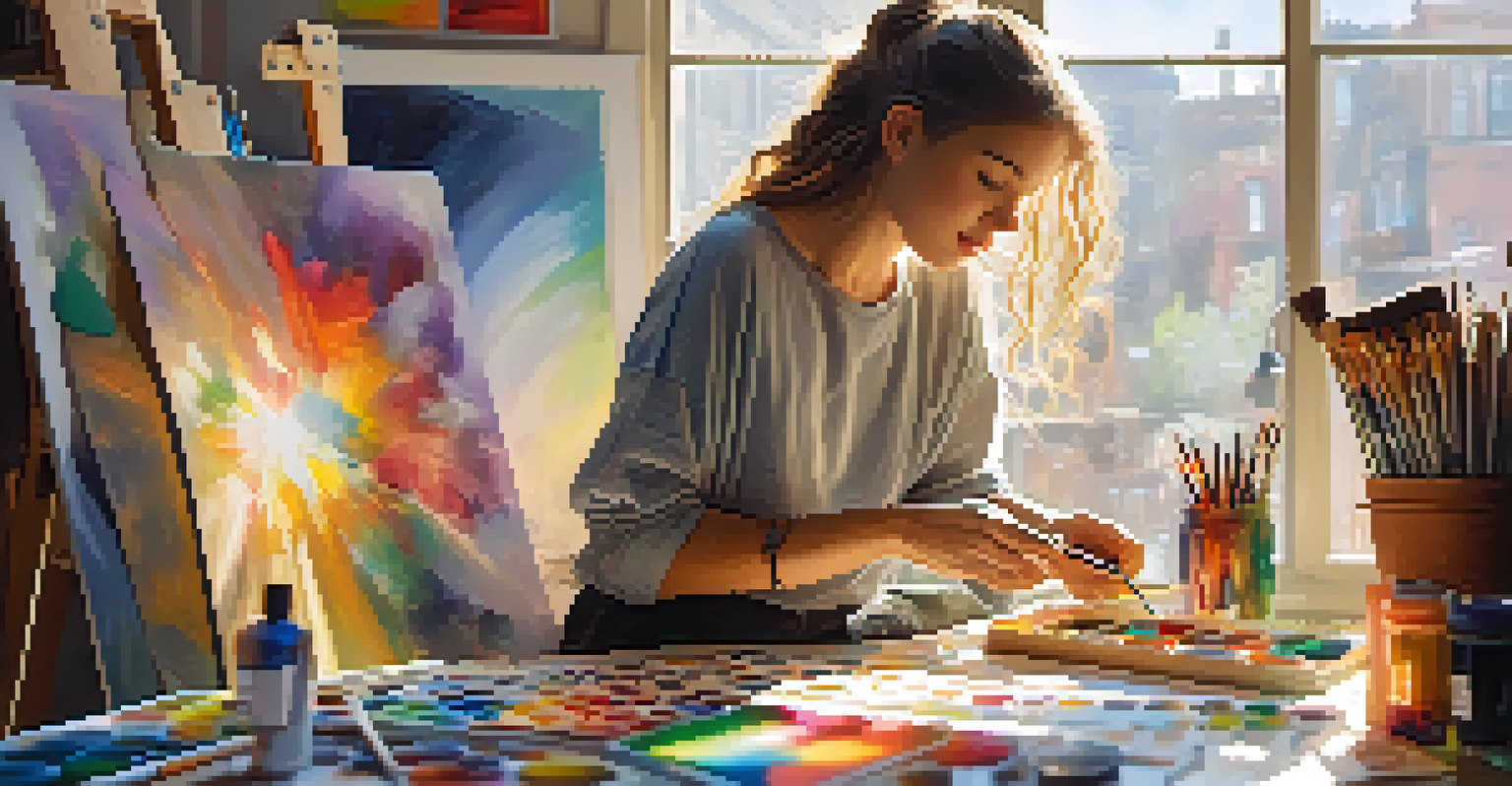 A woman painting in a bright art studio filled with colors and art supplies.