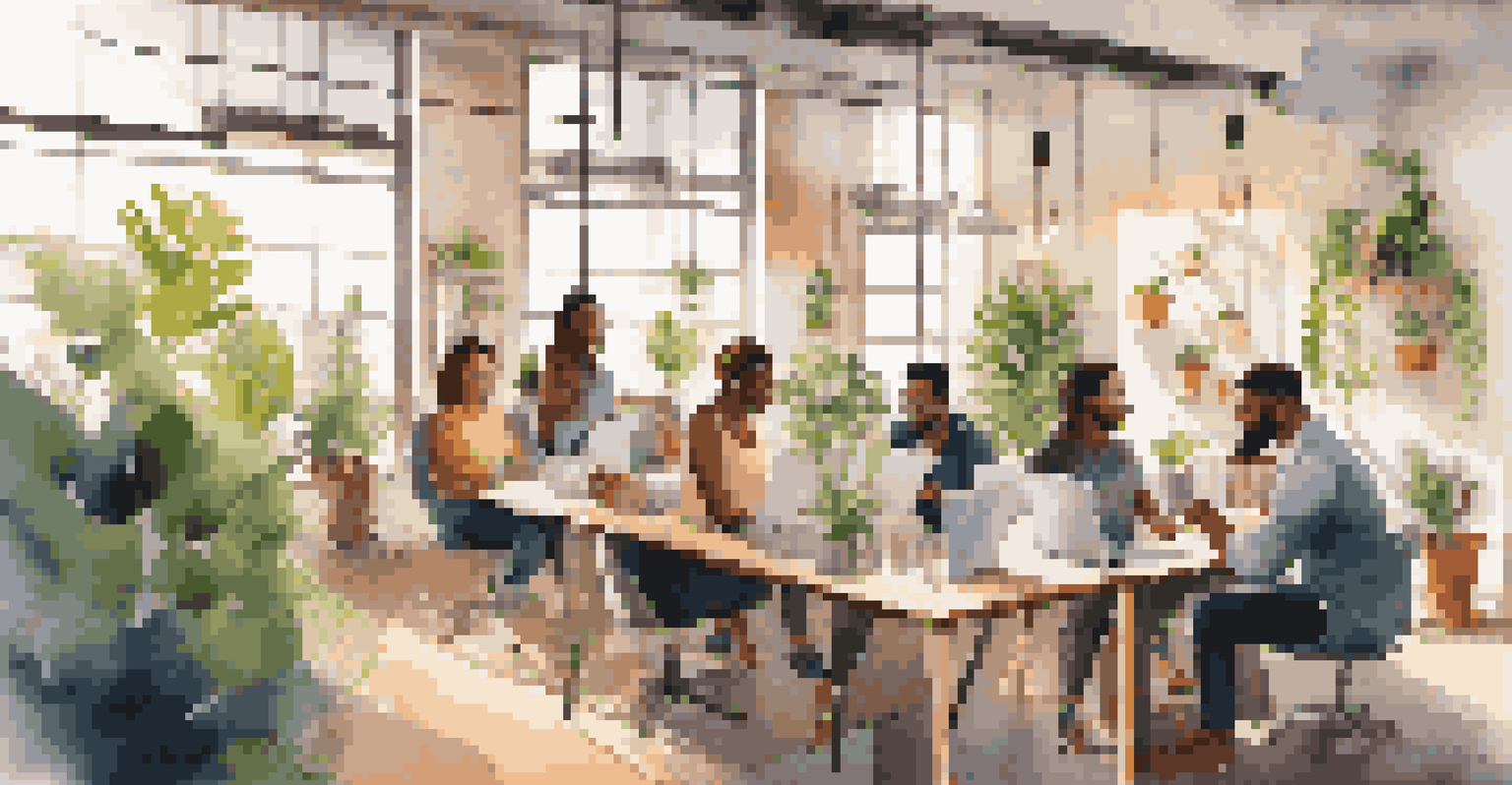 A diverse group of entrepreneurs working together in a bright co-working space filled with plants and sunlight.