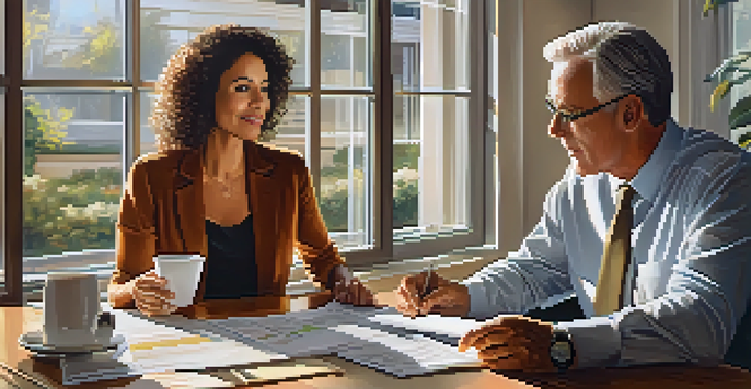 A financial advisor in a bright office explaining retirement rollovers to a couple, highlighting graphs on a laptop with a warm and inviting ambiance.