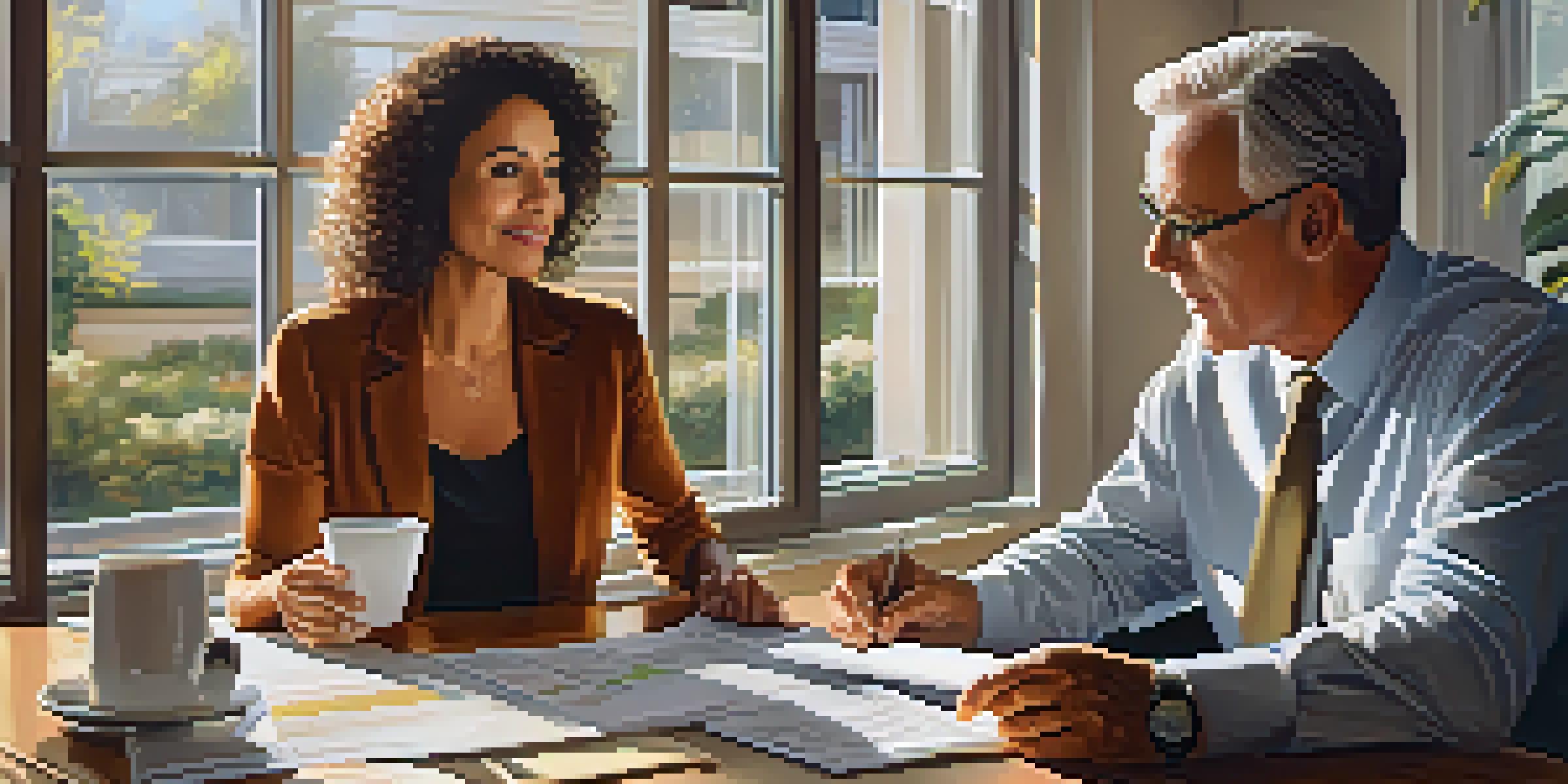 A financial advisor in a bright office explaining retirement rollovers to a couple, highlighting graphs on a laptop with a warm and inviting ambiance.