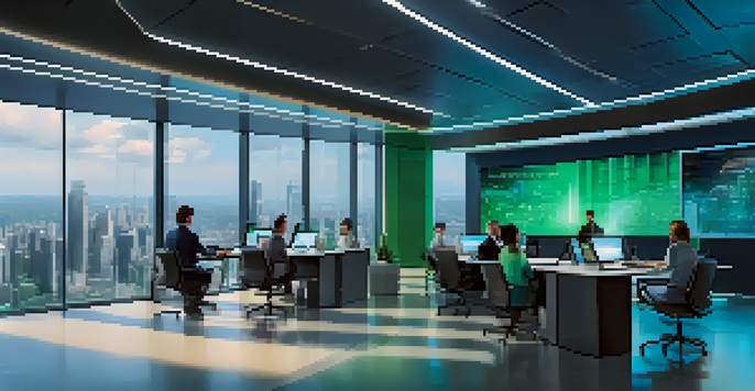 A modern financial office filled with advanced technology, featuring screens showing data analytics and a diverse group of professionals collaborating.