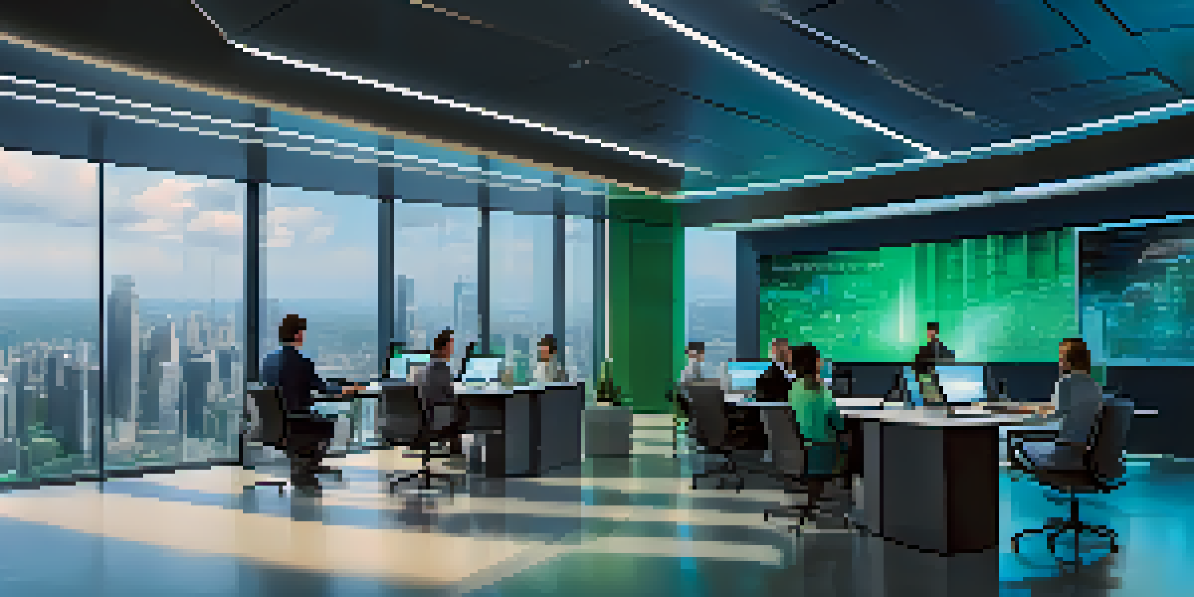 A modern financial office filled with advanced technology, featuring screens showing data analytics and a diverse group of professionals collaborating.