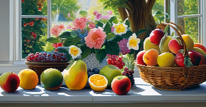 A colorful fruit basket in a garden, symbolizing a diversified investment portfolio with soft sunlight illuminating the scene.
