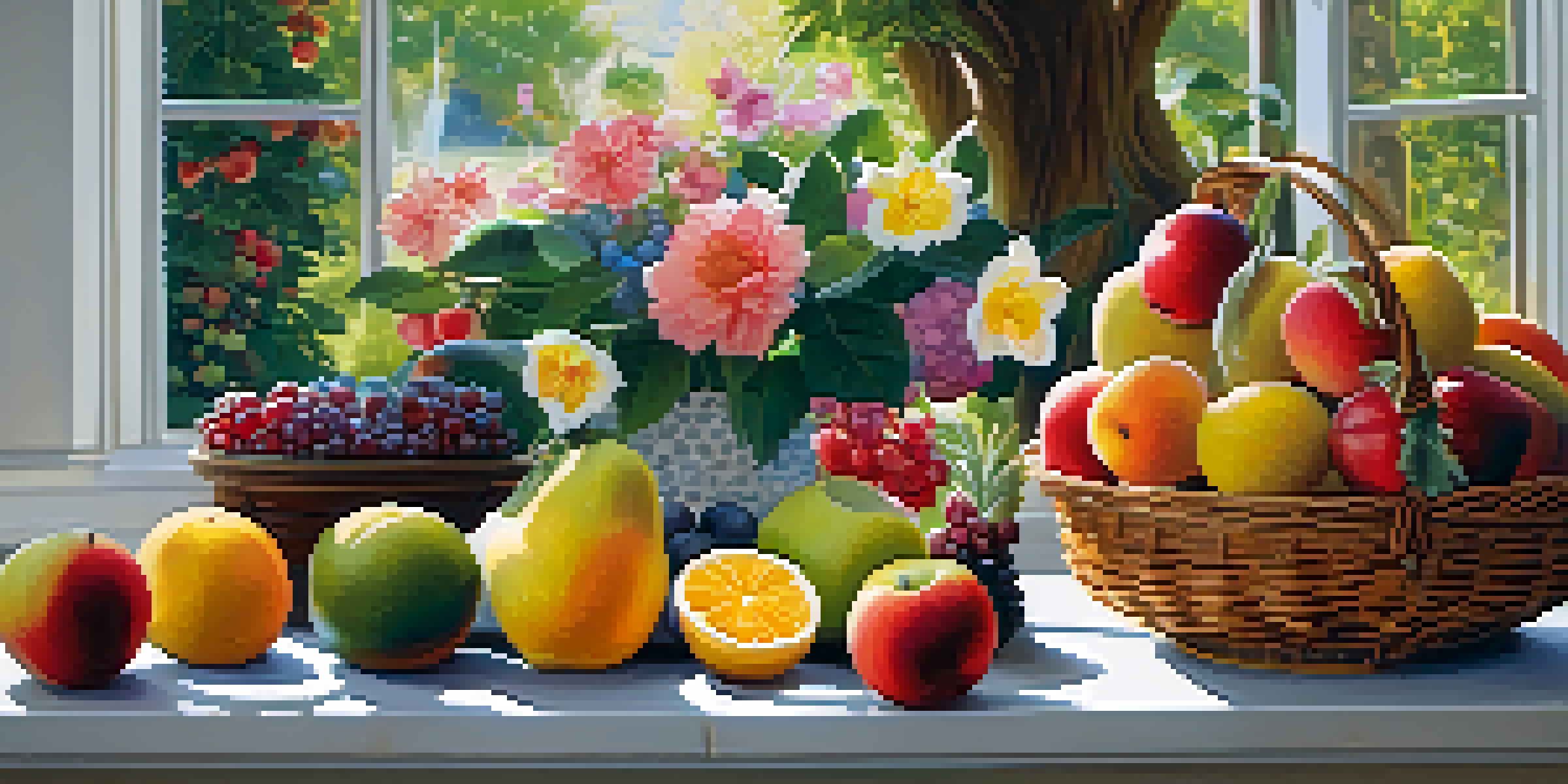 A colorful fruit basket in a garden, symbolizing a diversified investment portfolio with soft sunlight illuminating the scene.