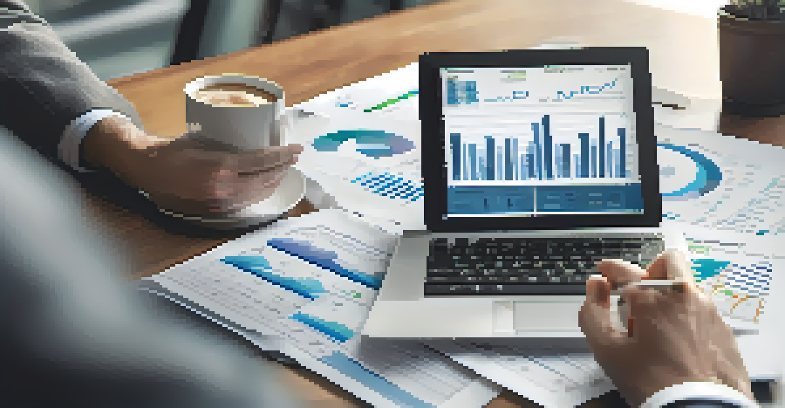 A close-up of hands analyzing a balance sheet with graphs and charts on a tablet, set in a modern office environment.