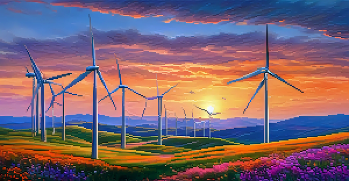 A colorful sunset over a wind farm with several turbines on a grassy hillside, wildflowers in the foreground, and mountains in the background.