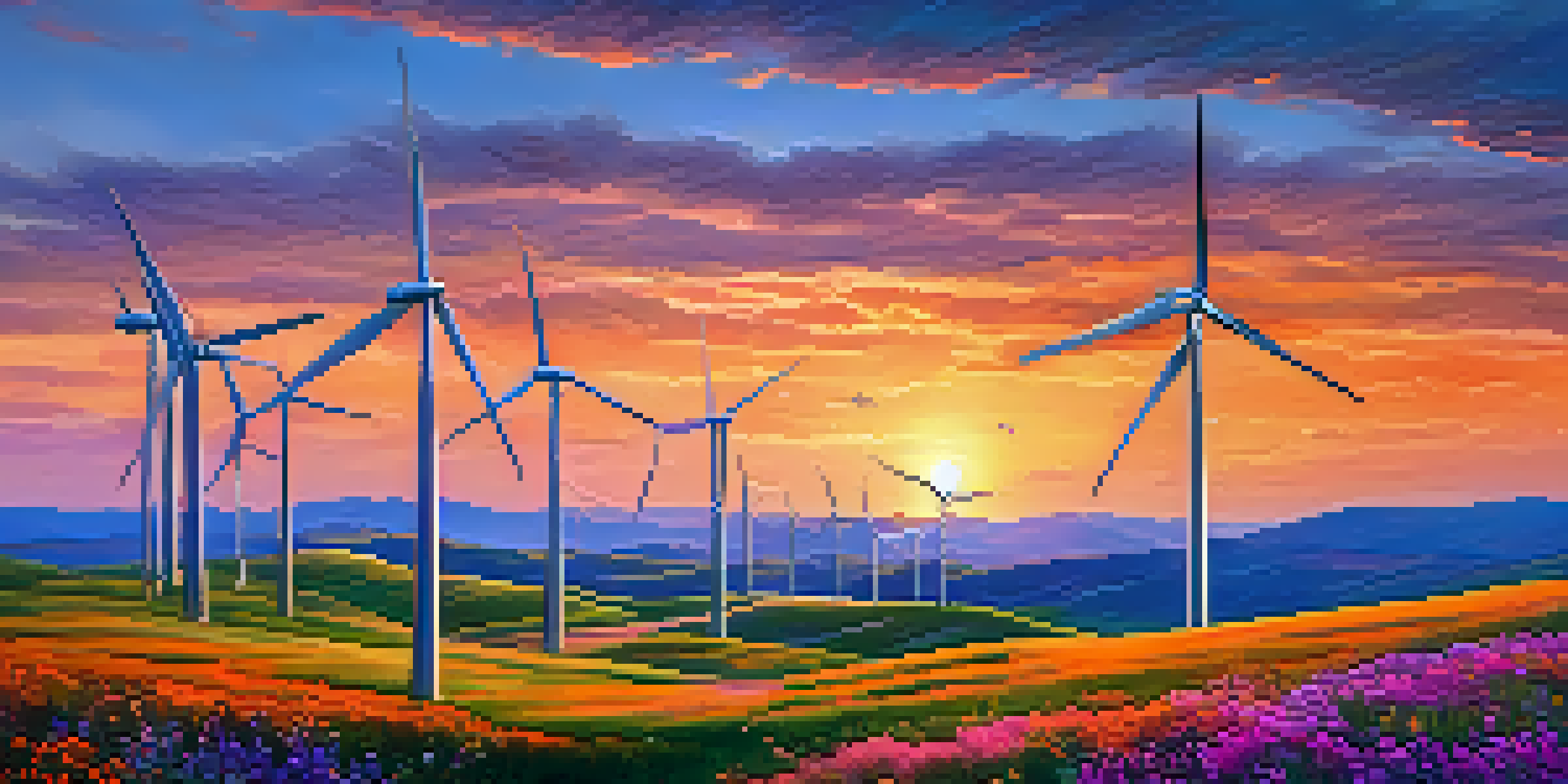 A colorful sunset over a wind farm with several turbines on a grassy hillside, wildflowers in the foreground, and mountains in the background.