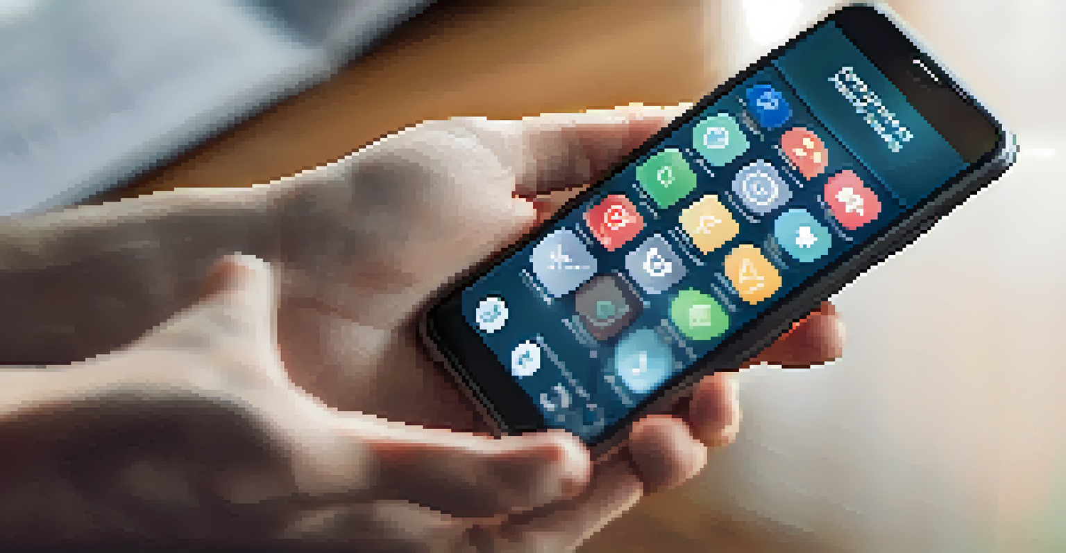 Close-up of hands holding a smartphone with a digital insurance app, set in a bright environment.
