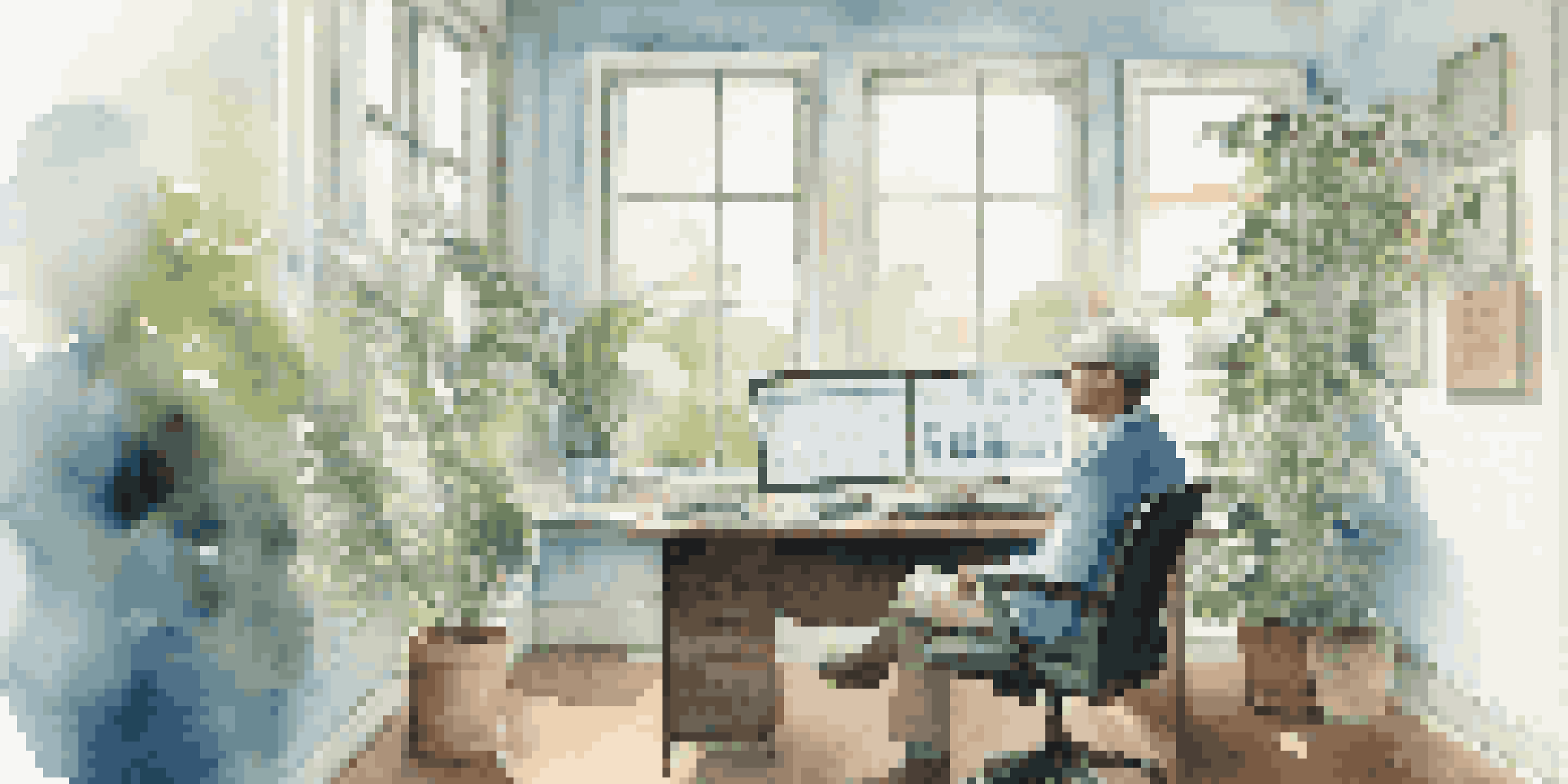 A person in a bright office reviewing financial documents for retirement planning, surrounded by plants and natural light.