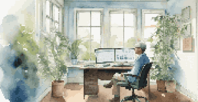 A person in a bright office reviewing financial documents for retirement planning, surrounded by plants and natural light.