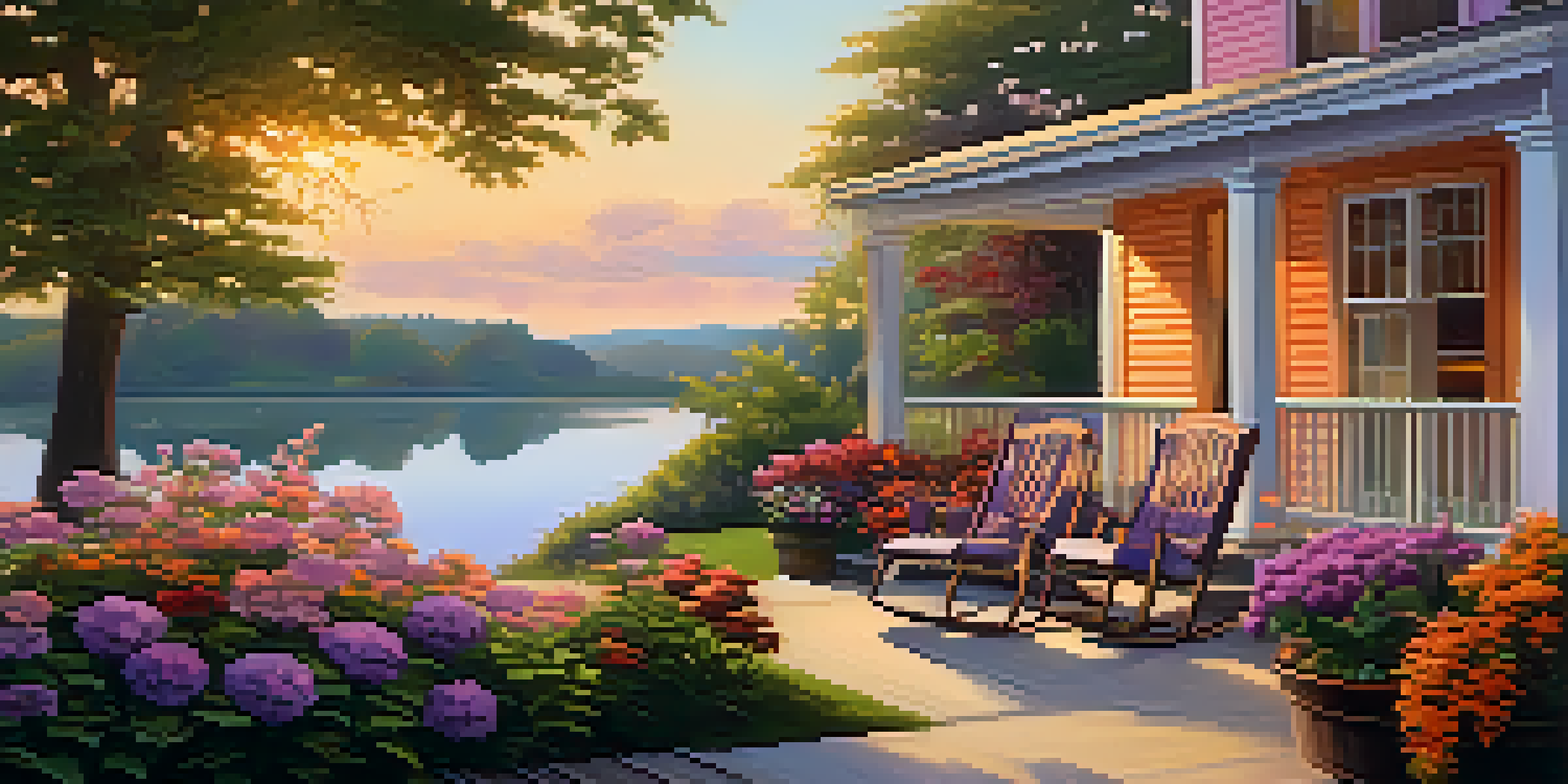 A peaceful porch with two rocking chairs by a lake at sunset, surrounded by greenery and colorful flowers.