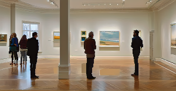 A gallery space with contemporary paintings displayed on the walls, softly lit, and visitors admiring the art.