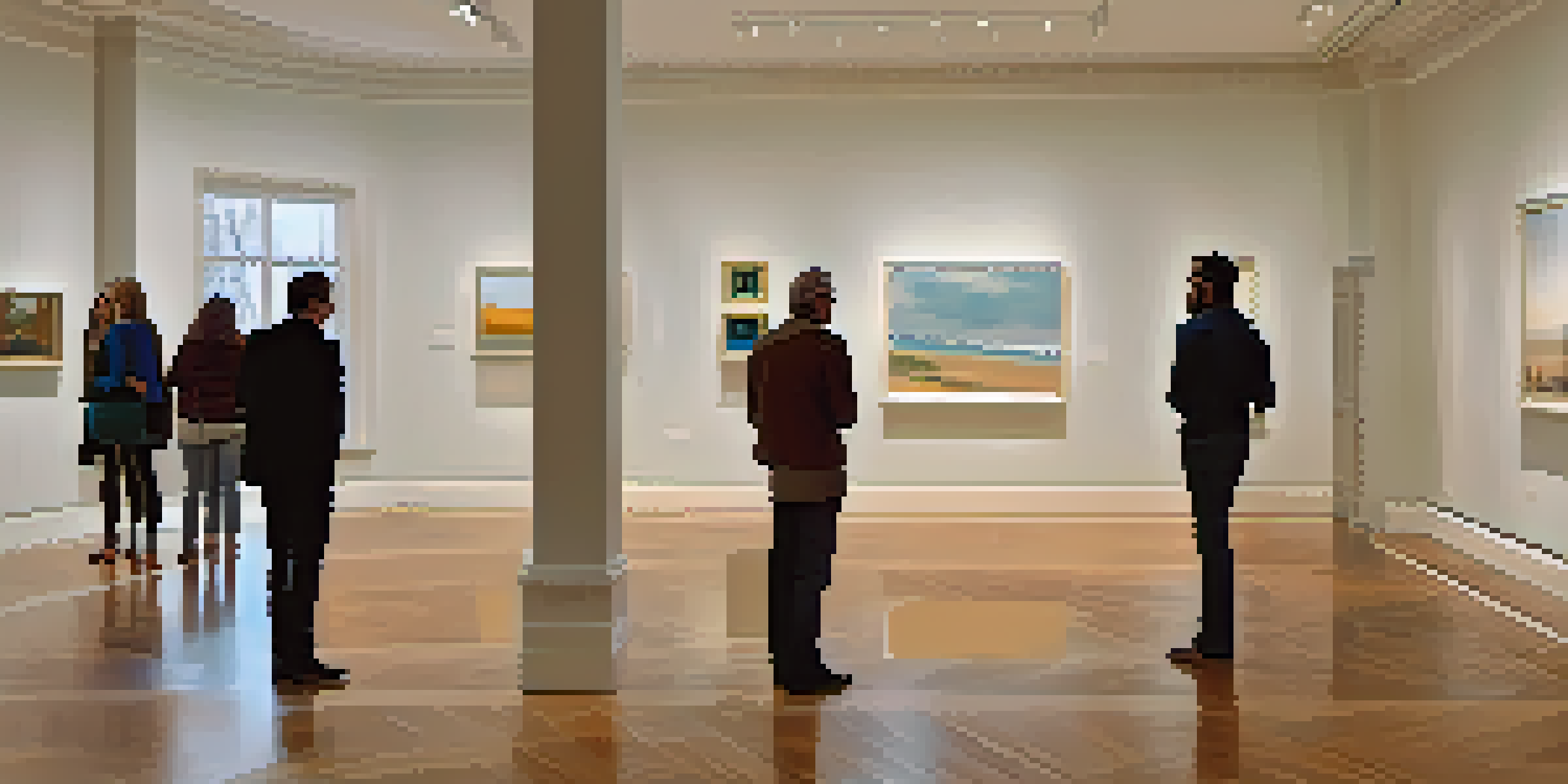 A gallery space with contemporary paintings displayed on the walls, softly lit, and visitors admiring the art.