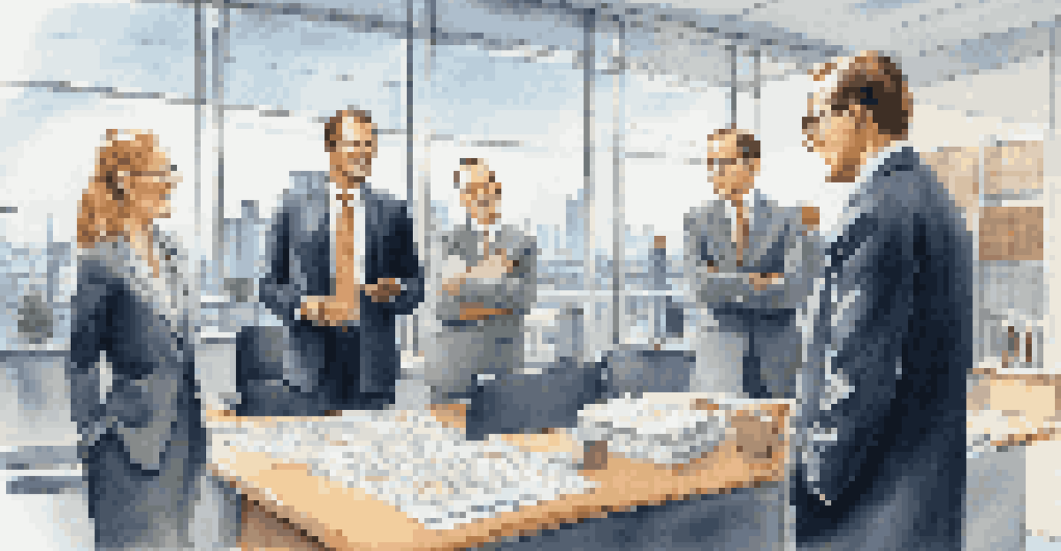 A management team standing in front of a modern office building discussing their buyout plans with financial documents on a table.
