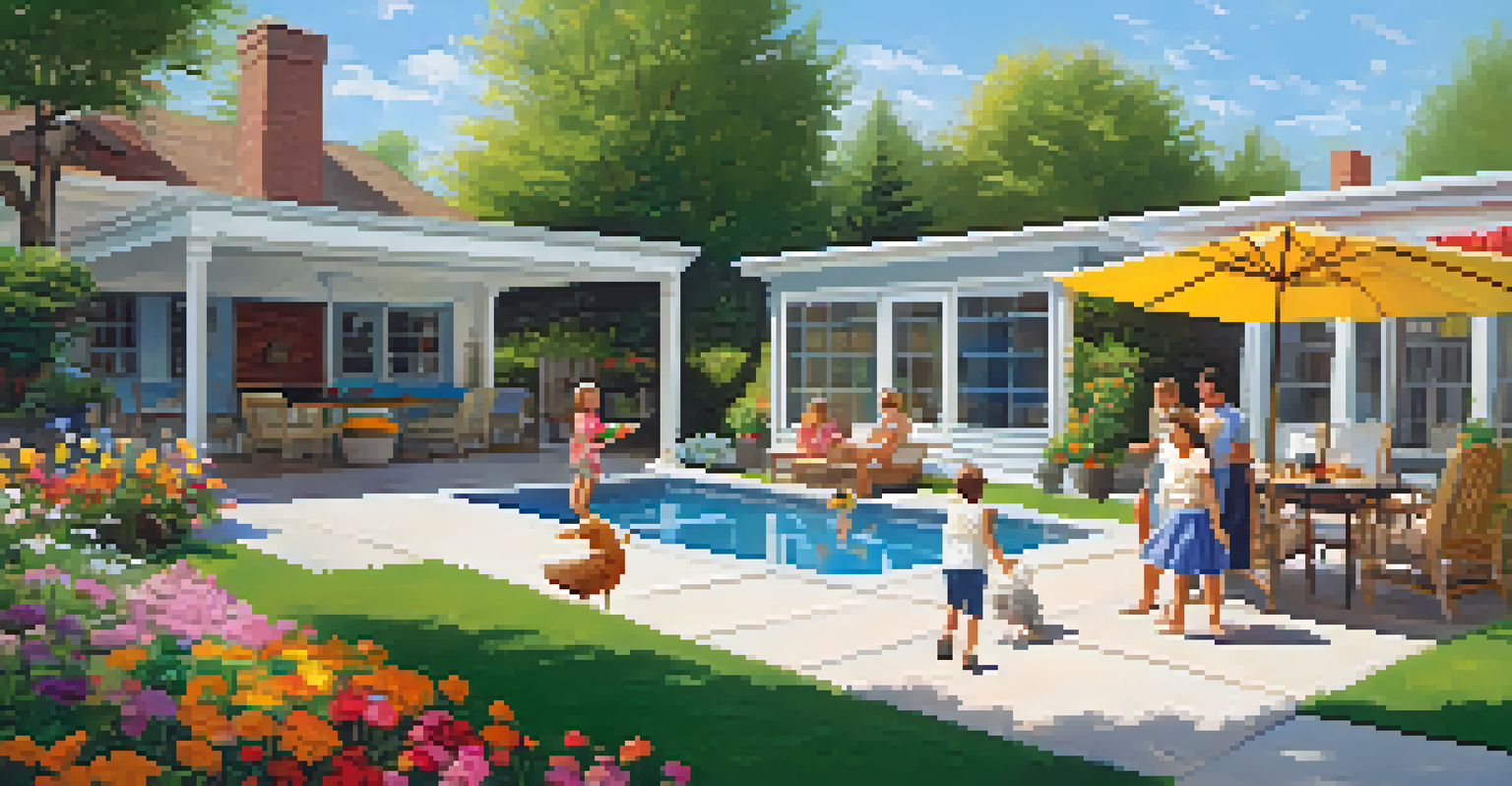 A cheerful family playing catch in their new backyard filled with flowers and a sunny blue sky.