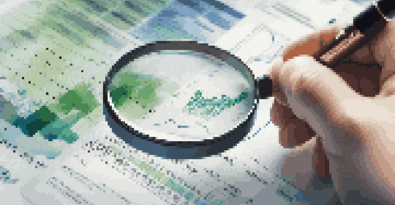 A hand holding a magnifying glass over a financial document with detailed figures and graphs.
