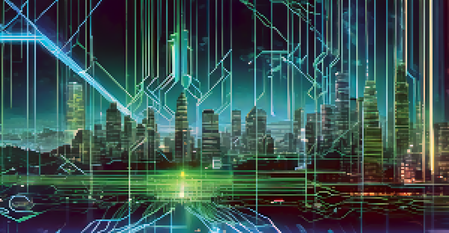 A futuristic city skyline with digital patterns representing cybersecurity against investment fraud.