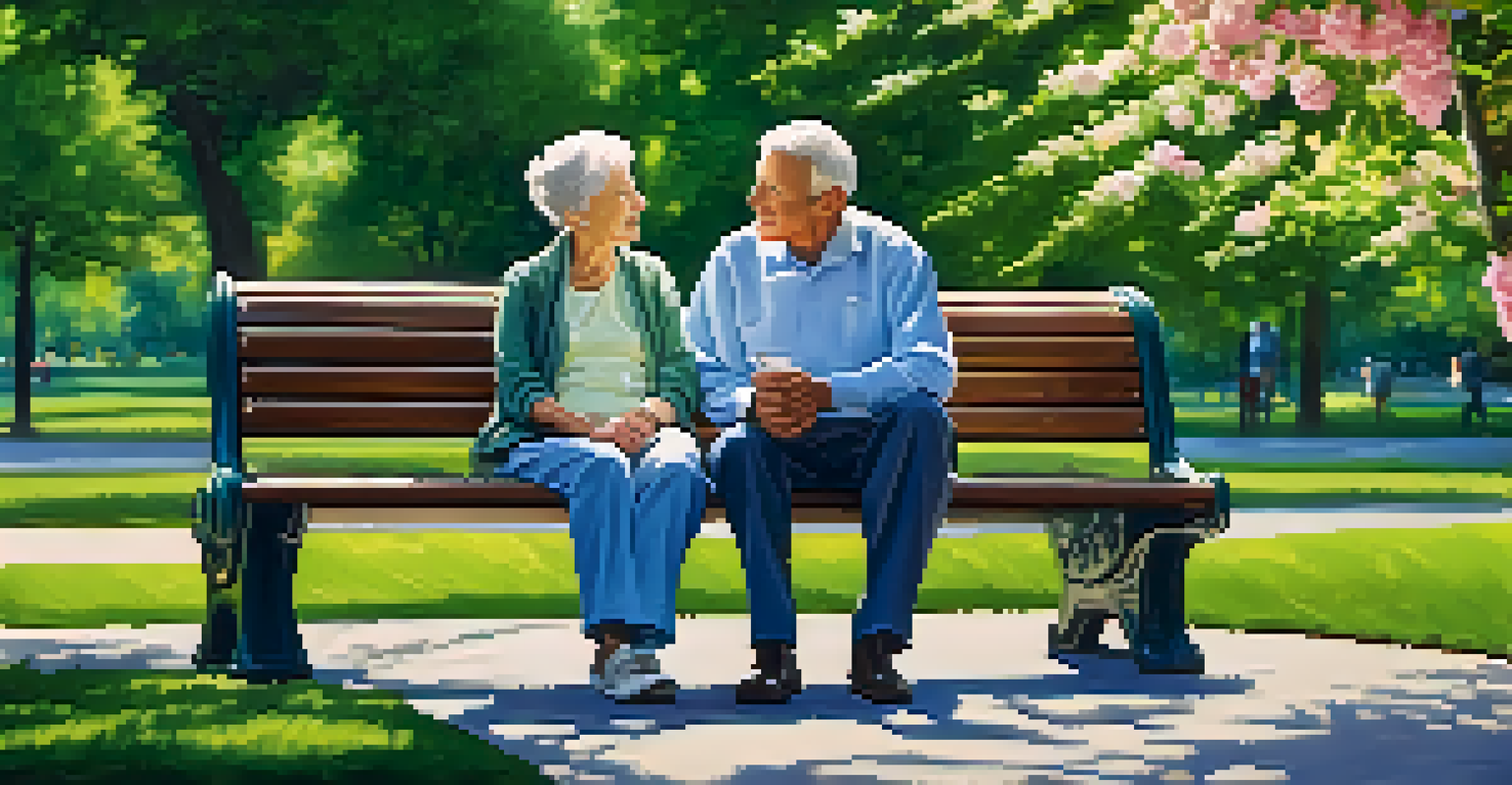An elderly couple on a park bench engaged in a discussion about long-term care options in a beautiful park setting.
