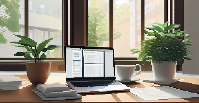 A cozy workspace with a wooden desk, open laptop, potted plant, and coffee mug, illuminated by soft morning light.