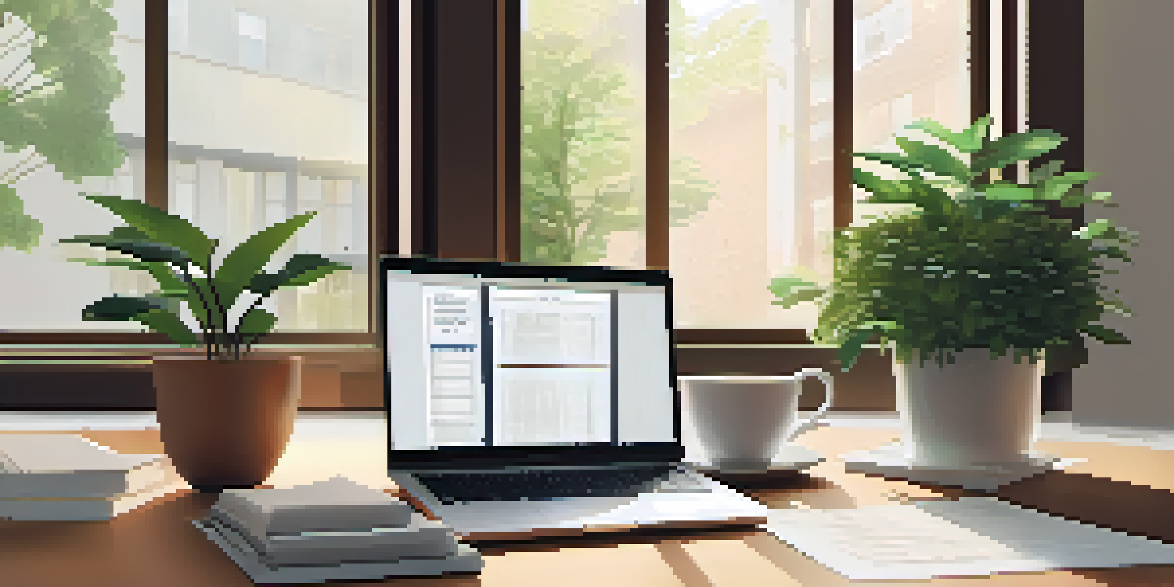 A cozy workspace with a wooden desk, open laptop, potted plant, and coffee mug, illuminated by soft morning light.