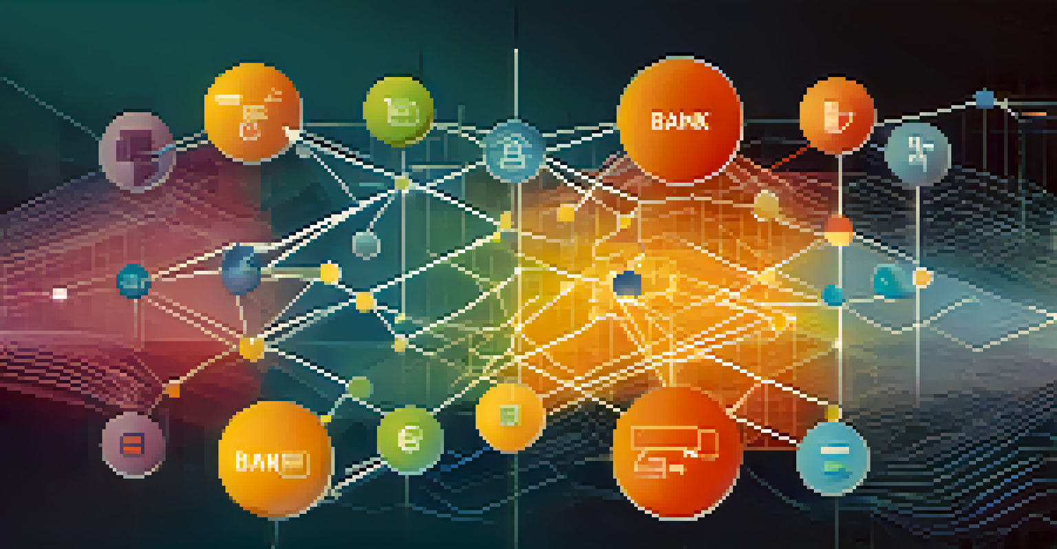 An abstract illustration of interconnected nodes representing APIs in FinTech, with a blue and white gradient background.