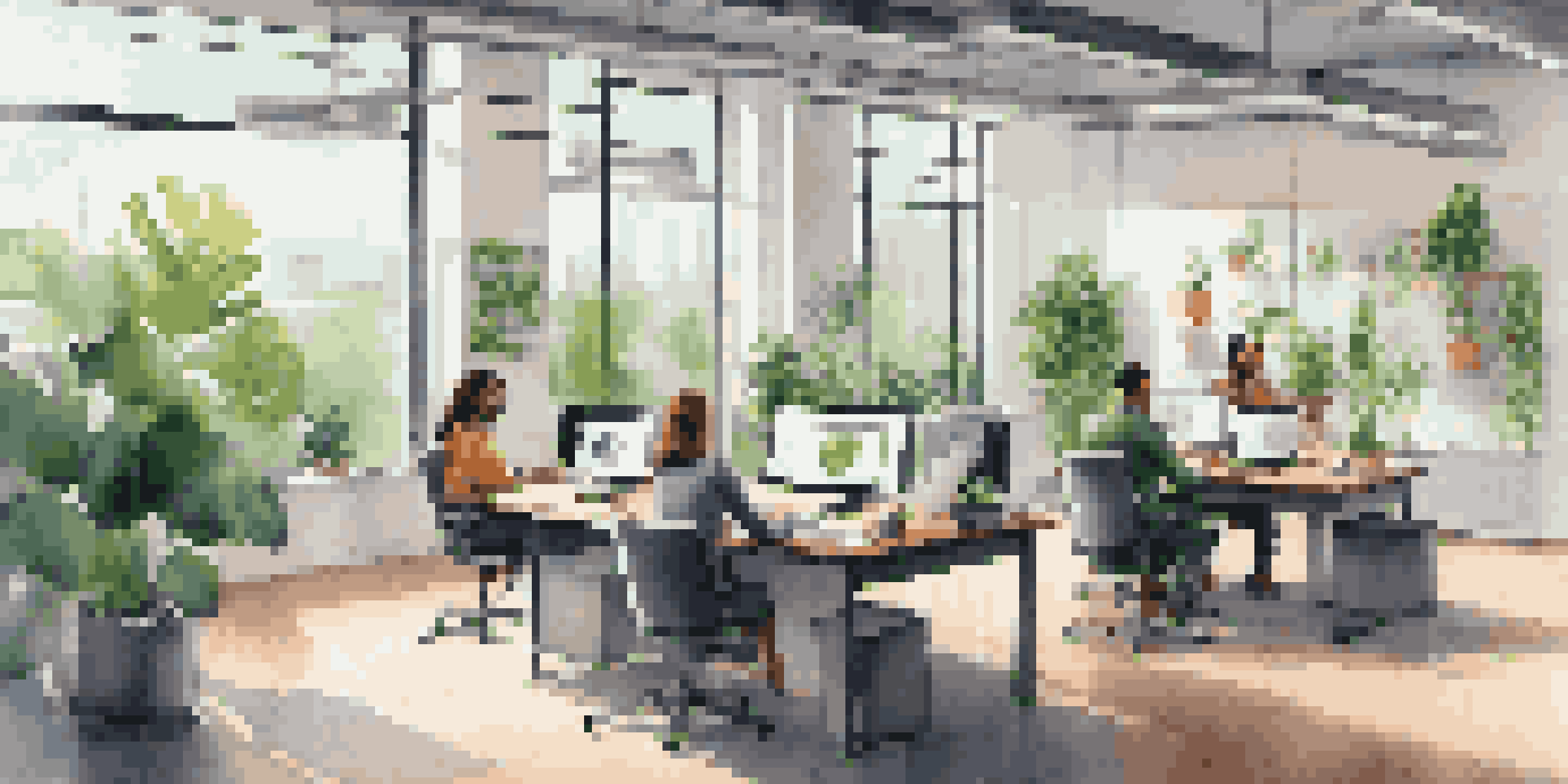 A diverse group of professionals working together in a contemporary office with laptops and plants.