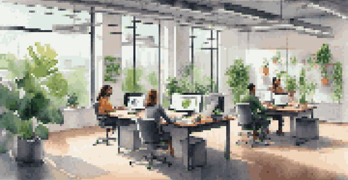A diverse group of professionals working together in a contemporary office with laptops and plants.