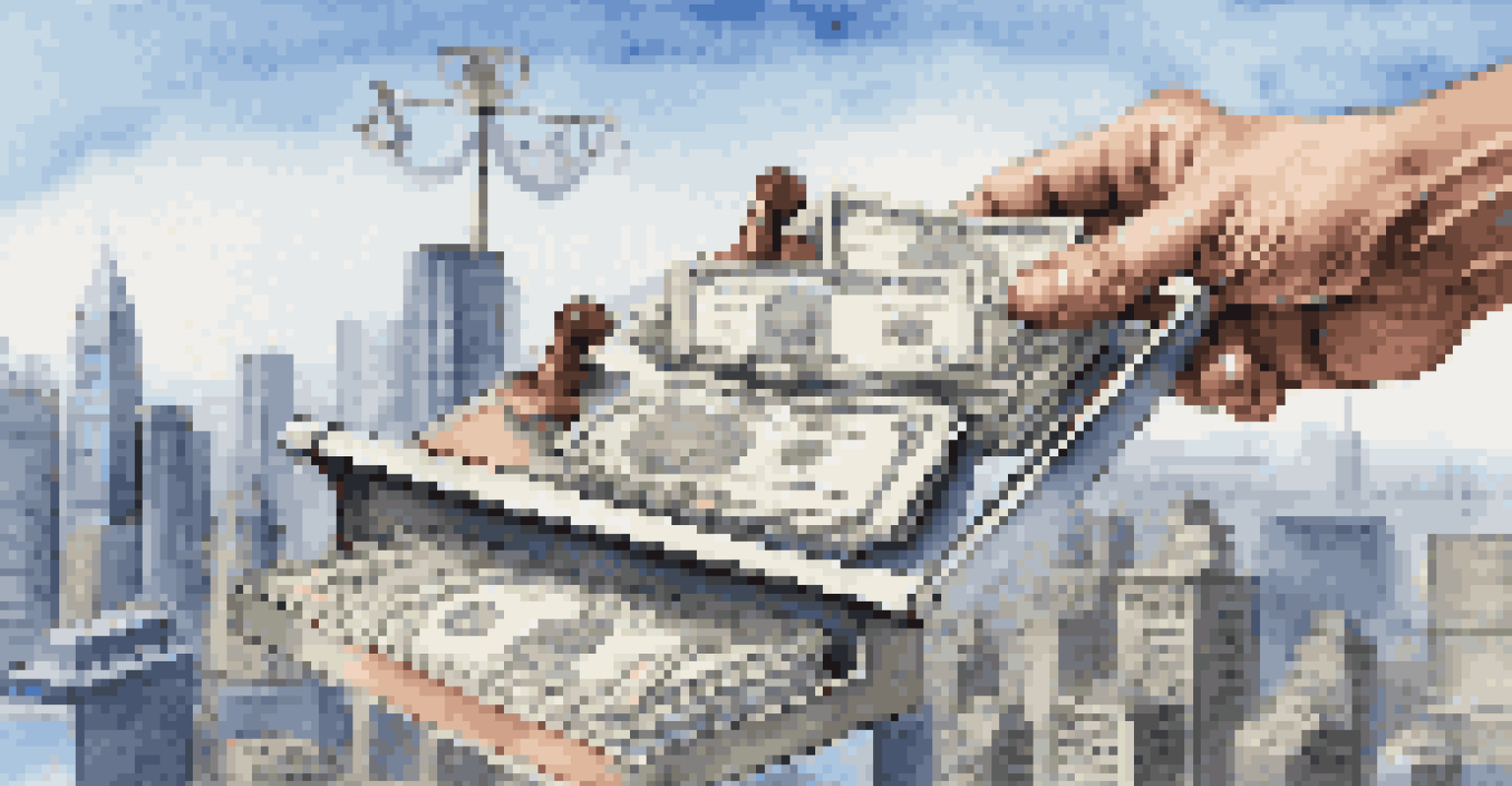 A close-up of a hand holding a scale with stock certificates on one side and bond documents on the other, against a blurred city skyline.