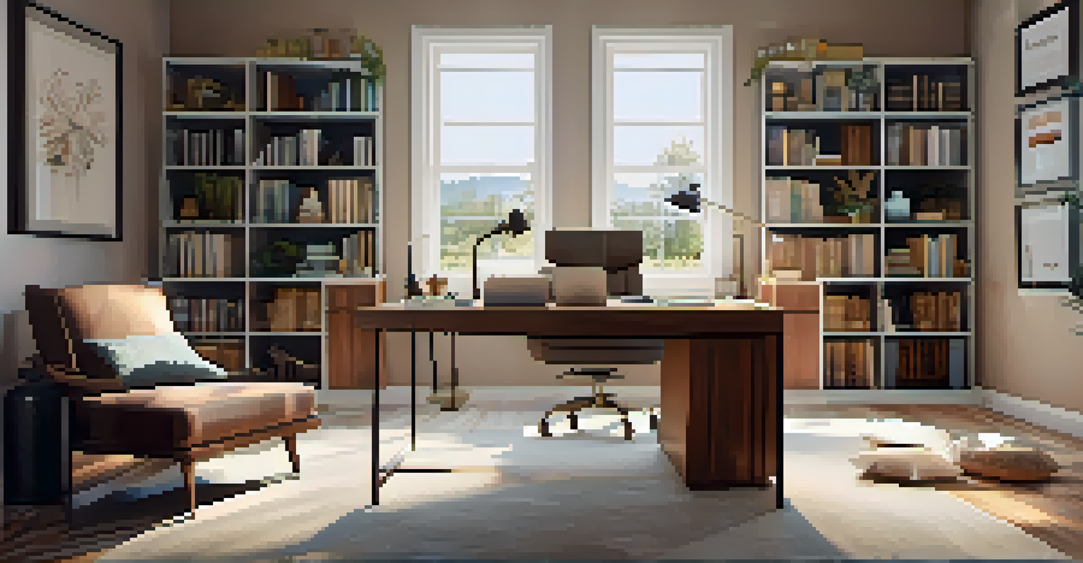 A cozy home office with a chair, a bookshelf of finance books, and a vision board with goals and quotes, illuminated by soft lighting.