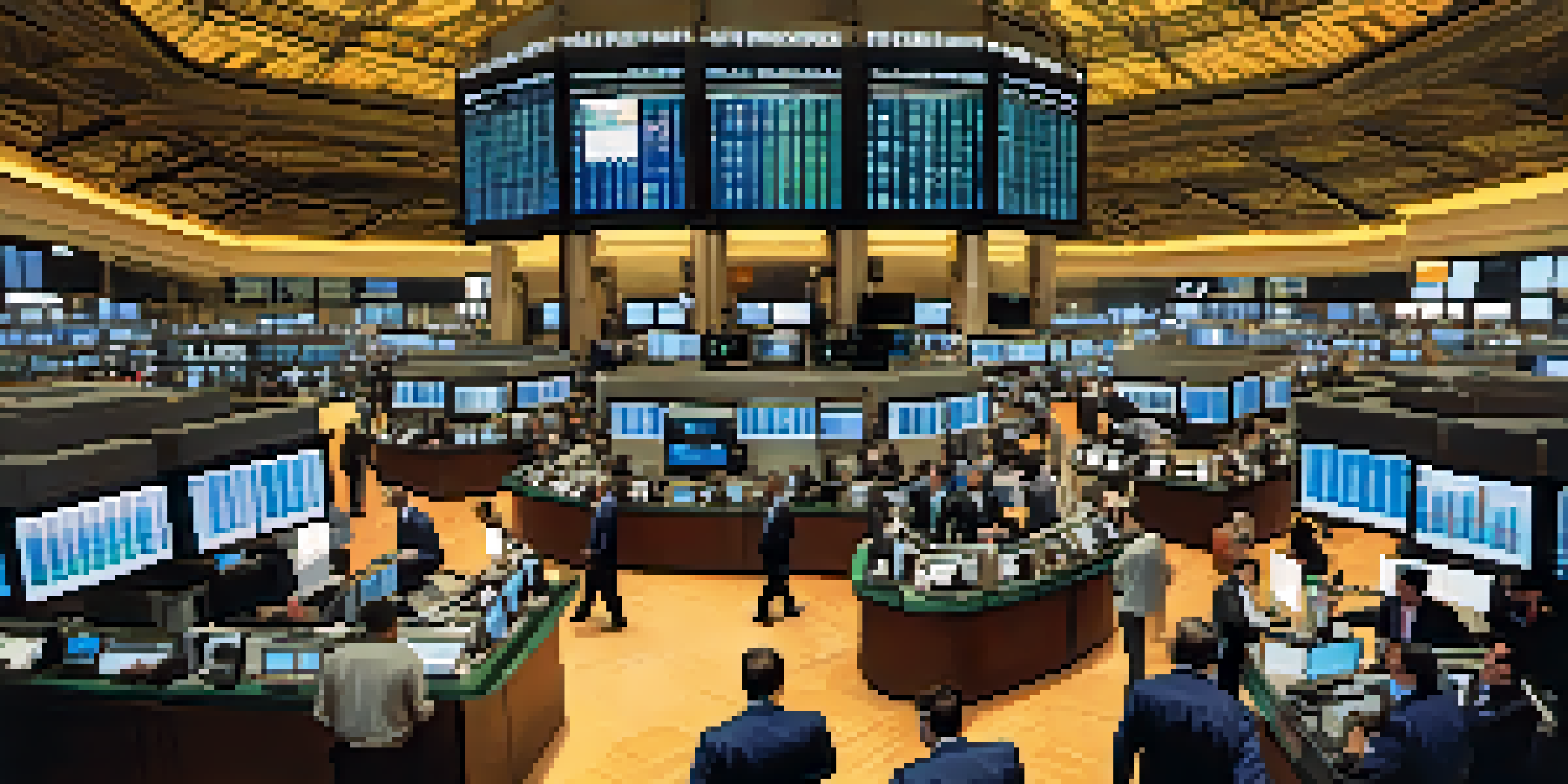 A busy stock exchange with traders looking at screens and discussing trades.