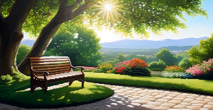 A vibrant garden filled with colorful flowers and a wooden bench under a tree, illuminated by sunlight.