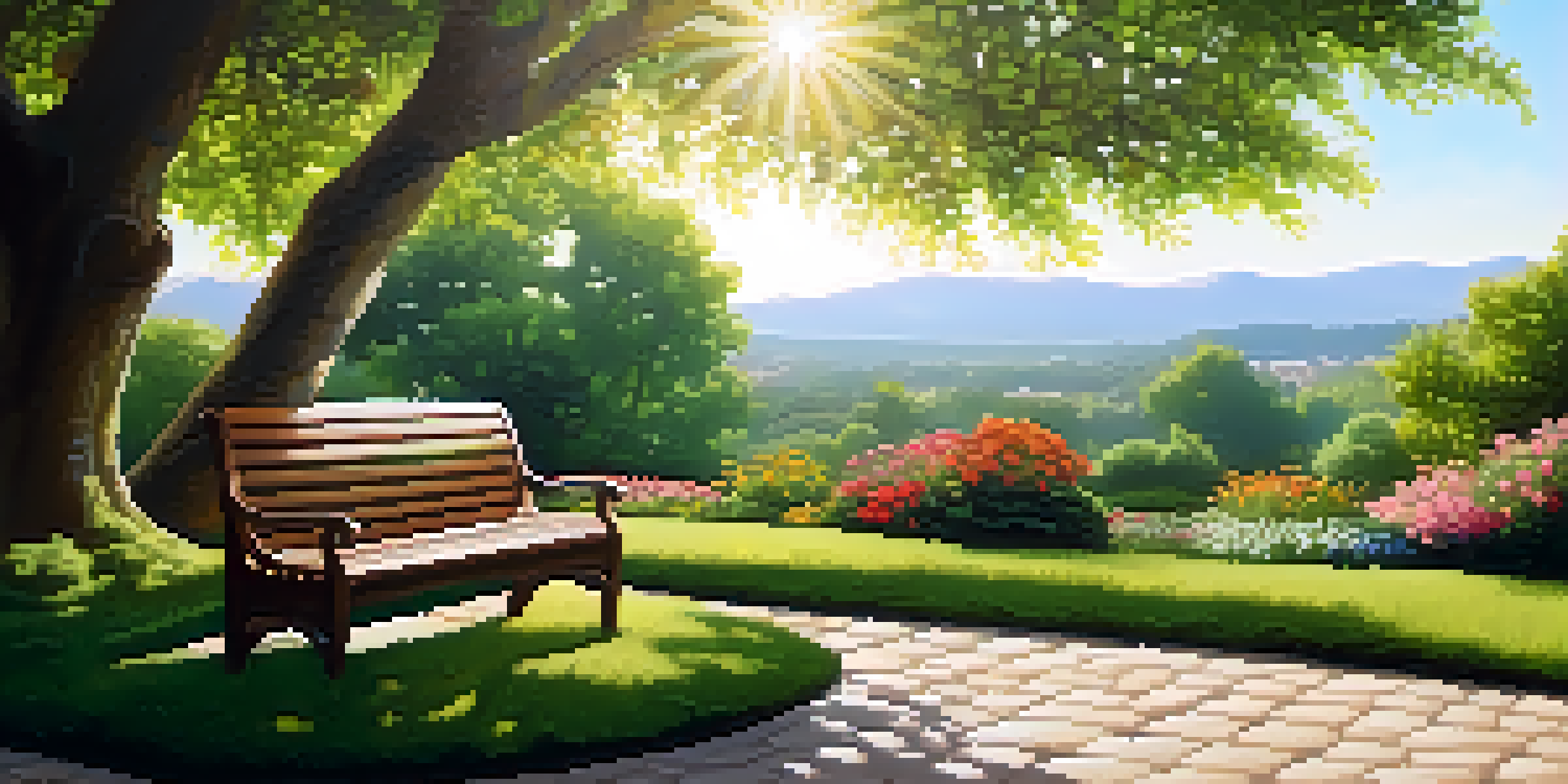A vibrant garden filled with colorful flowers and a wooden bench under a tree, illuminated by sunlight.