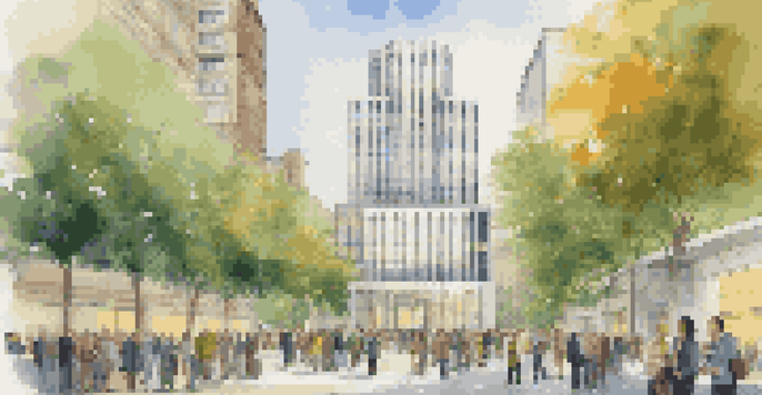 A modern central bank building with a glass facade in an urban setting, surrounded by people and greenery, symbolizing innovation and collaboration.